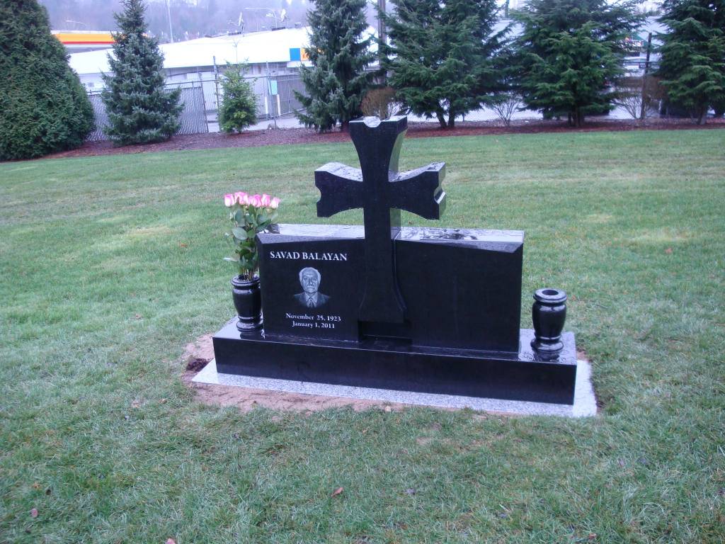 Upright custom cross grave marker absolute black Woodinville 